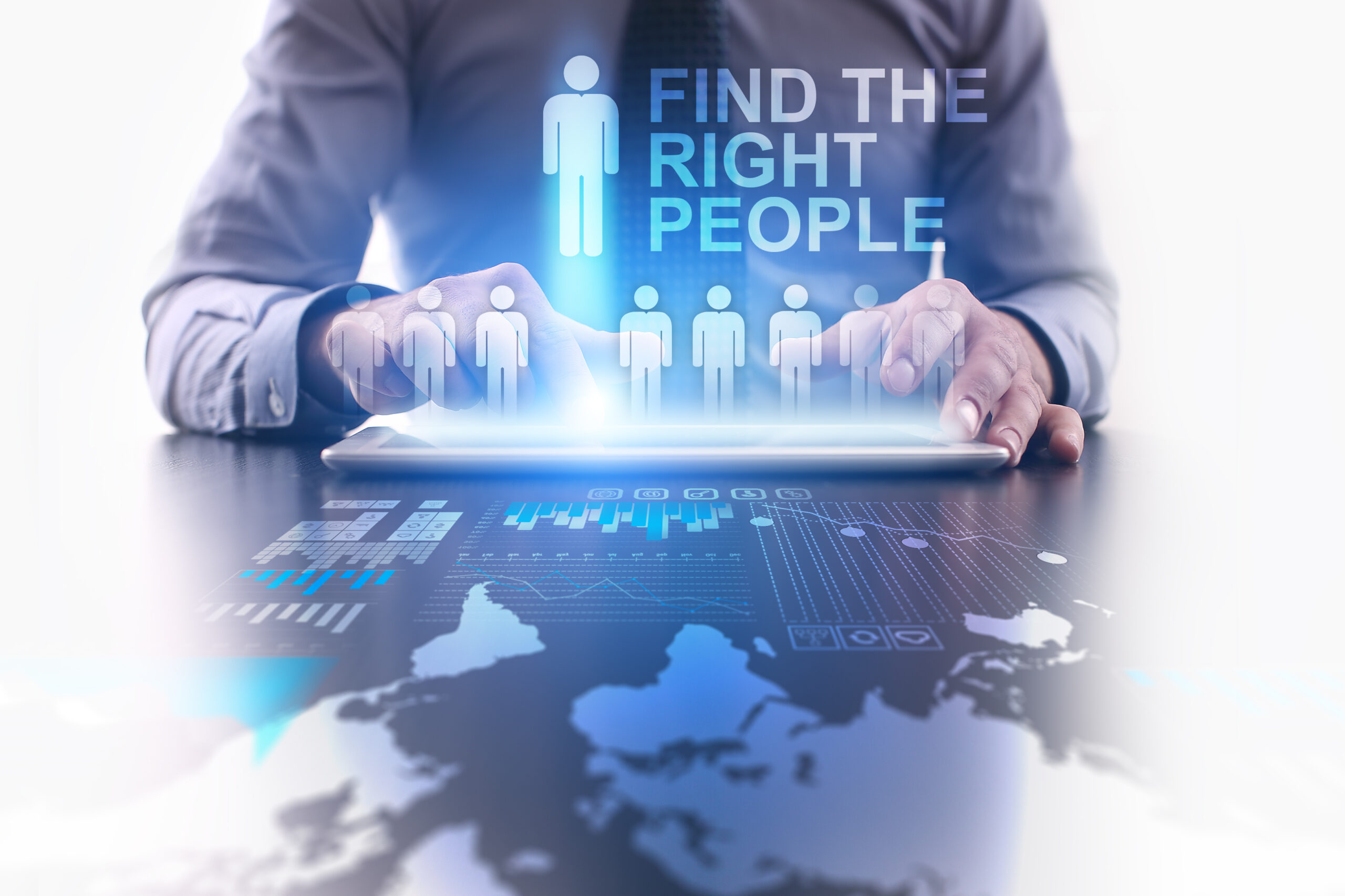 Find the right people graphic coming out of a tablet on a table.